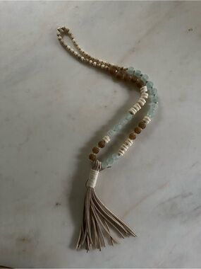 Handmade Sea Glass Beaded Necklace with Leather Tassel in Seafoam, Brown, Cream